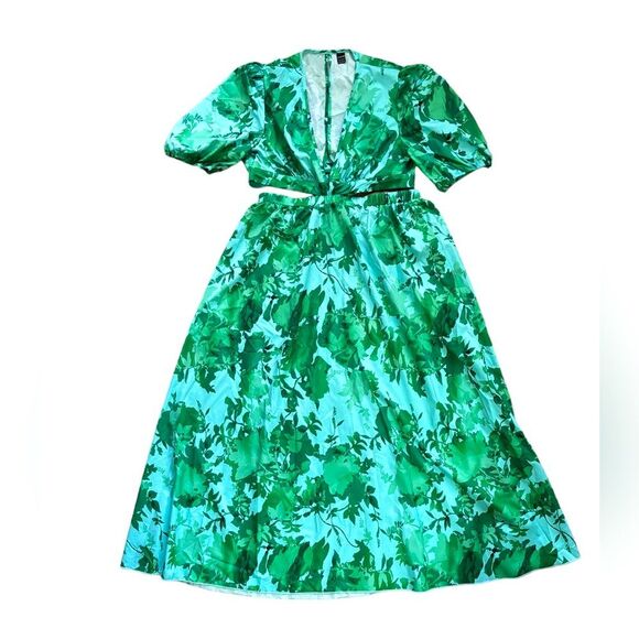 SHEIN Green Floral Print Cut Out Puff Sleeve Dress Size XL NWOT 10 367 - Picture 3 of 8